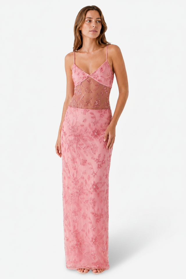 NOMU | Women's Embroidered Maxi Dress – Sleeveless Mesh Cut-Out Bodycon Design