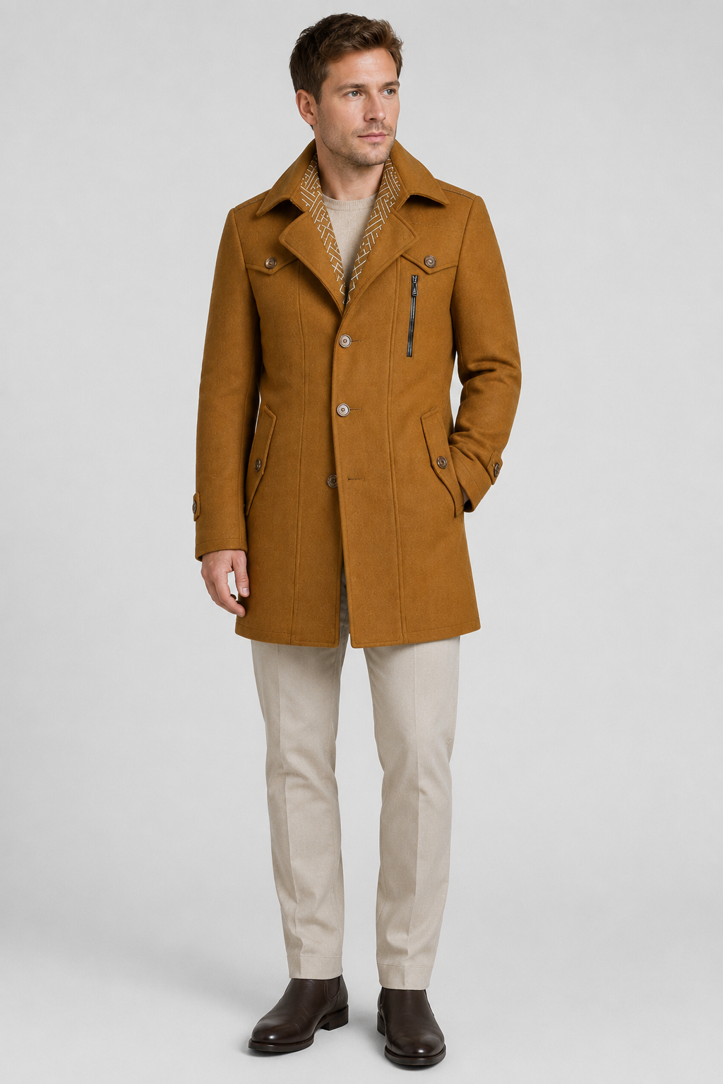 NOMU | Men's Wool Blend Military Overcoat – Tailored Button Front Coat