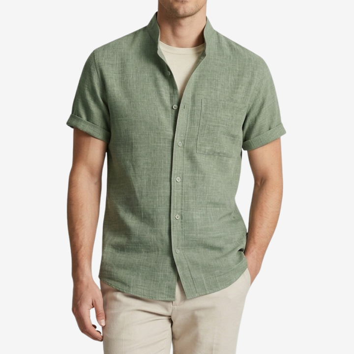 NOMU | Men’s Short Sleeve Mandarin Collar Button Shirt