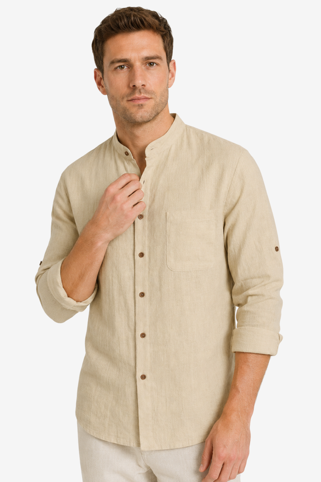 NOMU | Men's Linen Blend Shirt – Long Sleeve Mandarin Collar Button Design