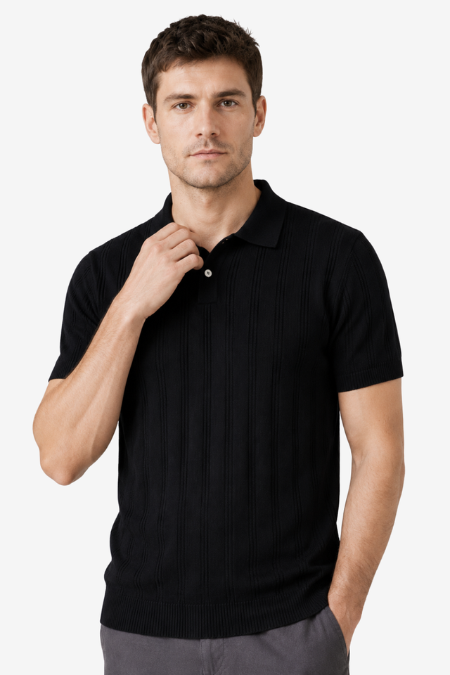 NOMU | Men's Textured Knit Polo Shirt – Slim Fit Smart Casual Short Sleeve Top