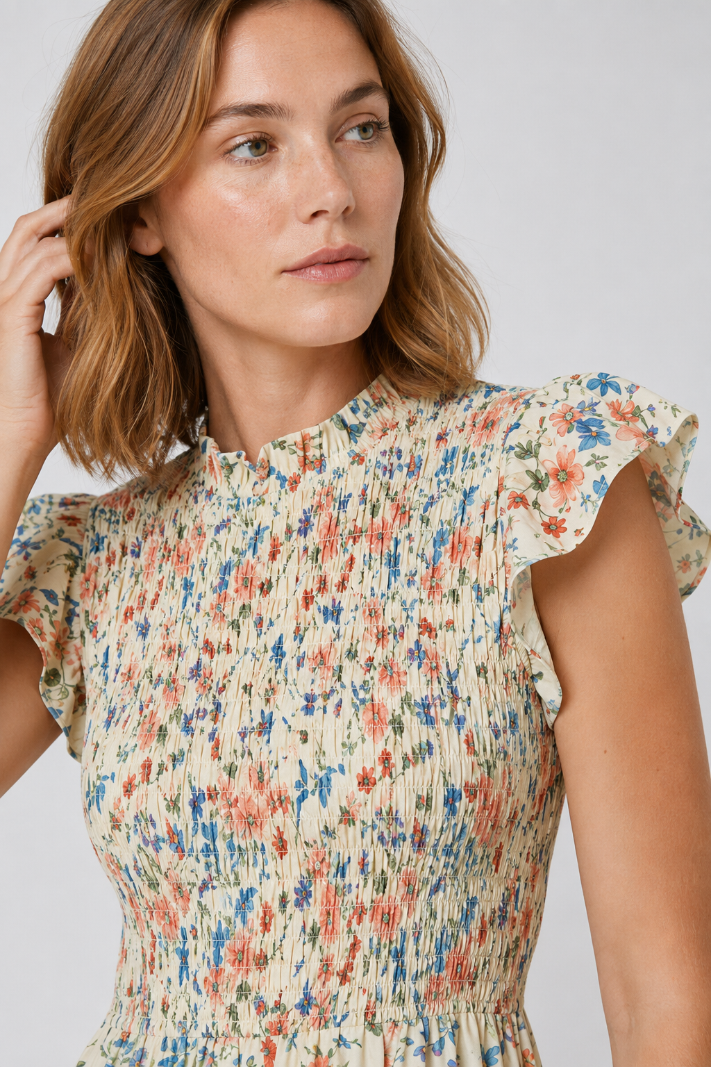 NOMU | Women's Floral Midi Dress – High Neck Flutter Sleeve Smocked Waist Design