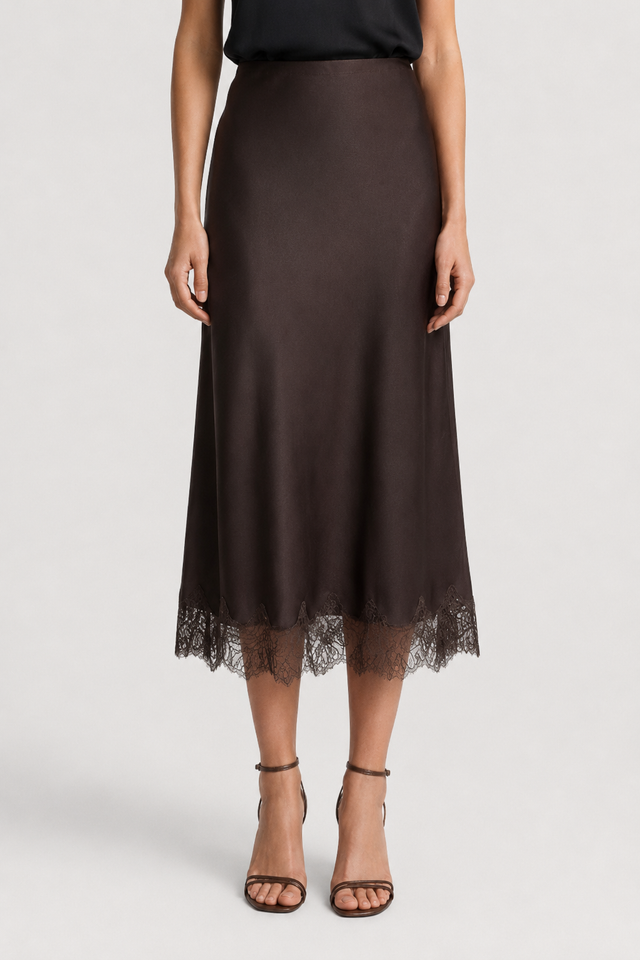 NOMU | Women's Satin Midi Skirt – Elegant Lace Trim Slip Skirt