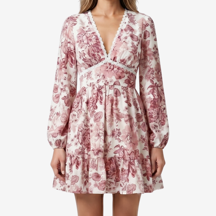 NOMU | Women's Floral Mini Dress – V Neck Long Sleeve Ruffle Hem Design