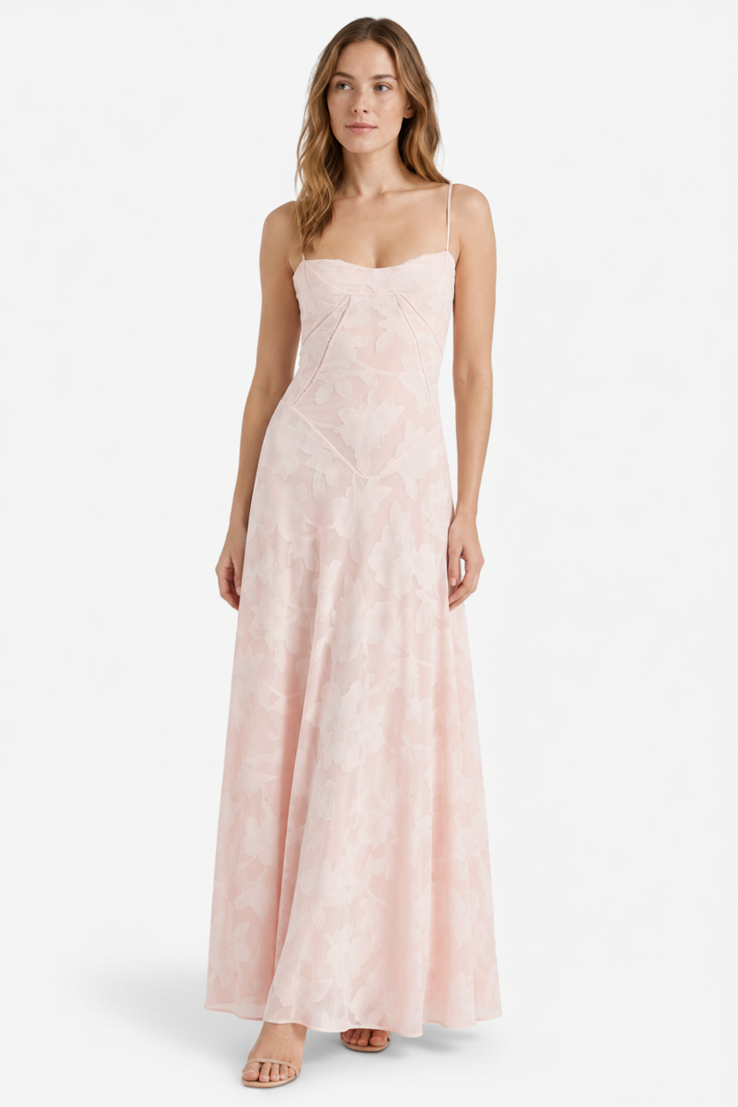 NOMU | Women's Mesh Maxi Dress – Spaghetti Strap Floral Overlay Fitted Design