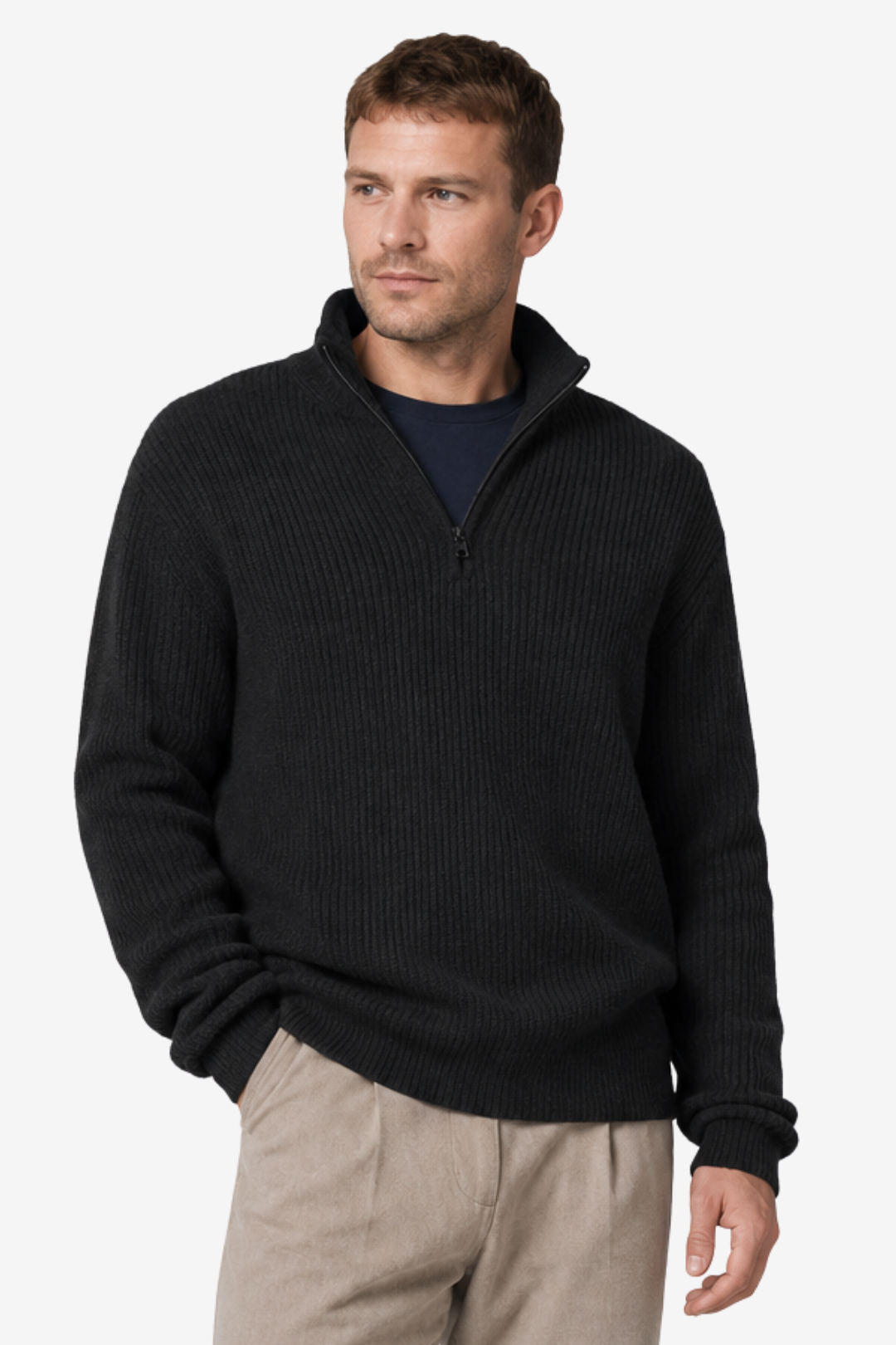 NOMU | Men's Quarter Zip Sweater – Ribbed Knit Stand Collar Long Sleeve Design