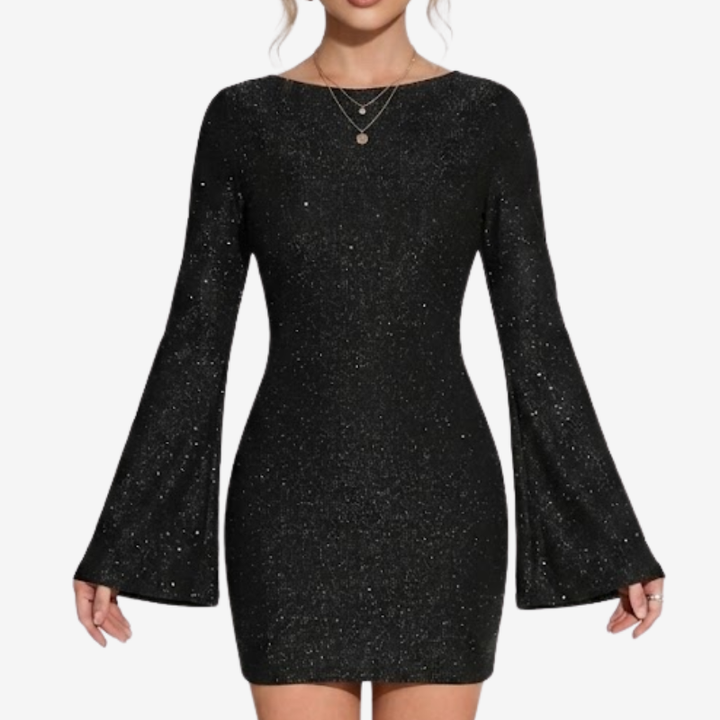 NOMU | Women's Glitter Mini Dress – Long Sleeve Bell Sleeve Bodycon Design