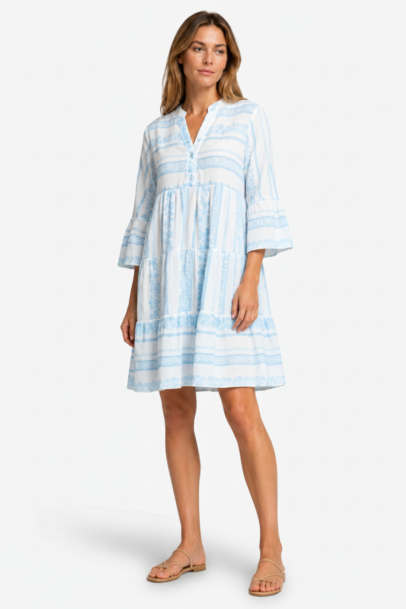 NOMU | Women's Printed Mini Dress – V Neck Button Front Tiered Loose Fit Design
