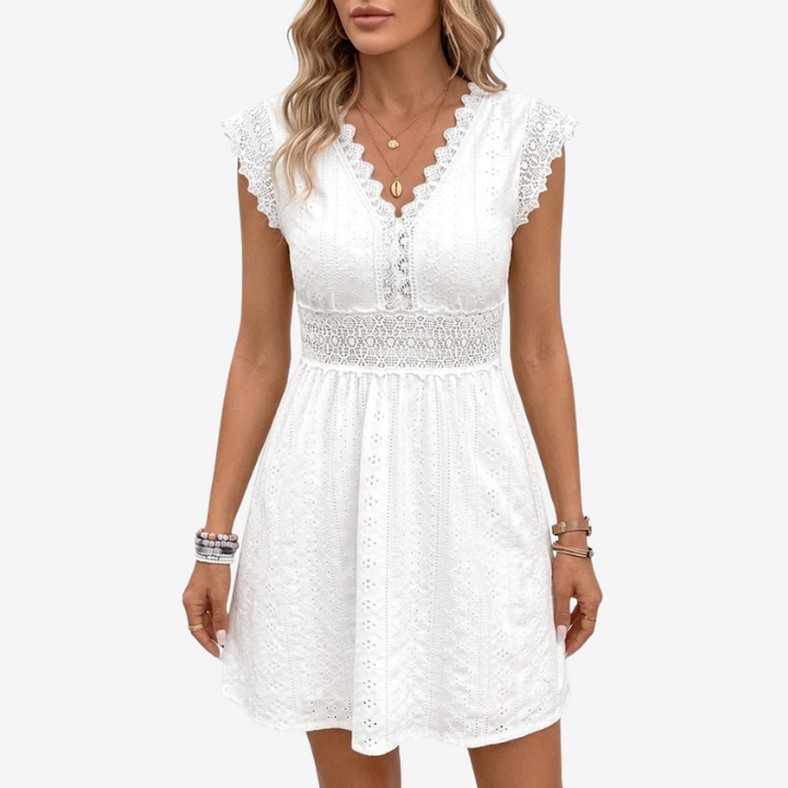 NOMU | Women's Lace Trim Eyelet Mini Dress – Elegant Sleeveless Summer Dress