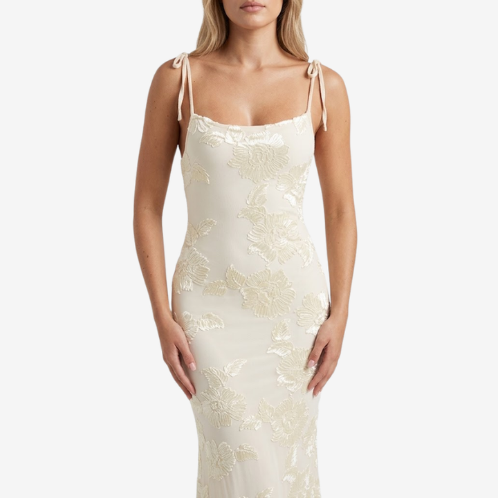 NOMU | Women's Floral Embroidered Bodycon Maxi Dress – Elegant Tie Strap Occasion Dress