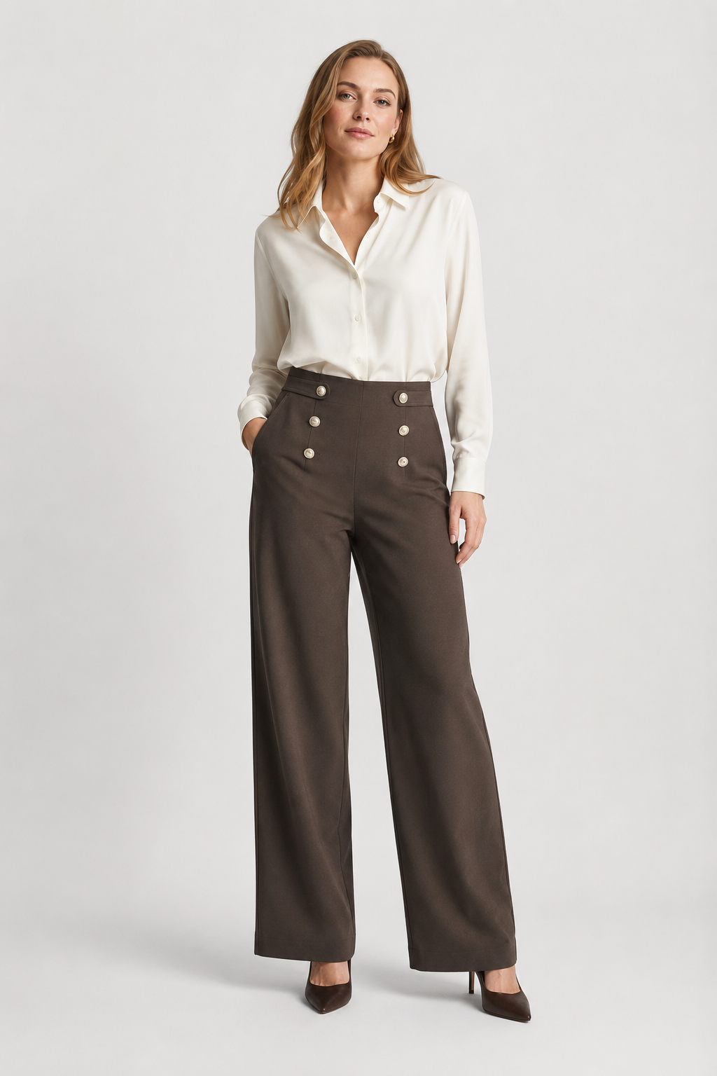 NOMU | Women's High-Waisted Wide Leg Trousers – Elegant Button Detail Palazzo Pants