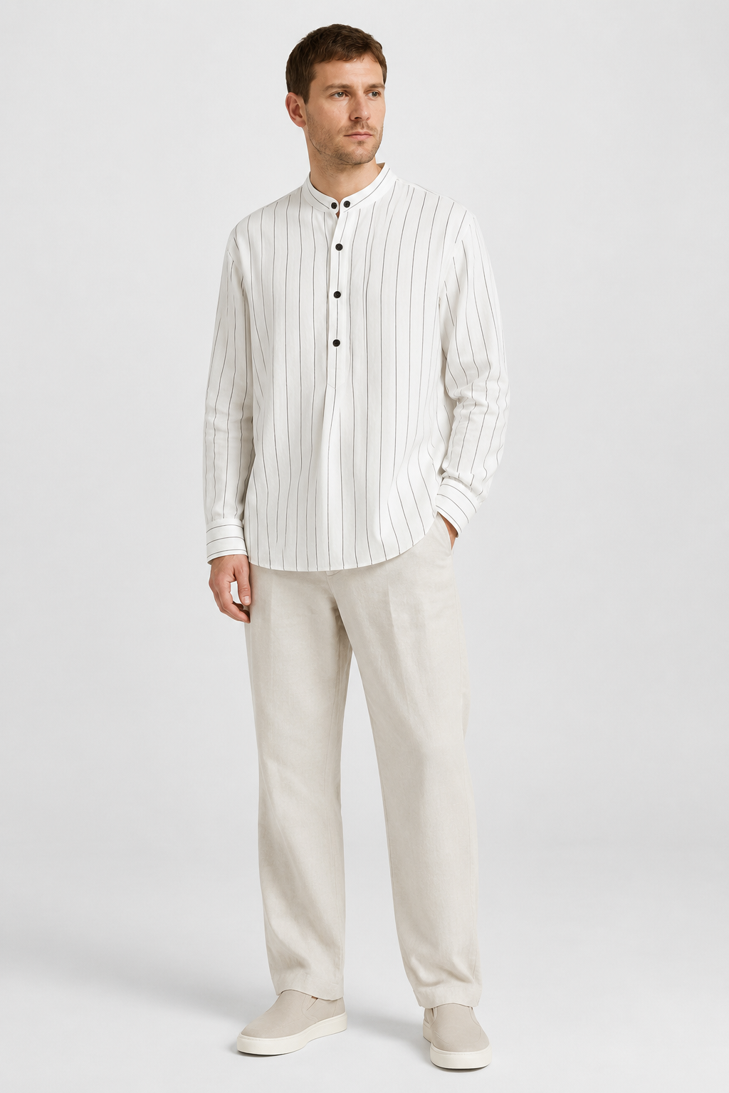 NOMU | Men's Striped Mandarin Collar Shirt – Long Sleeve Smart Casual Design