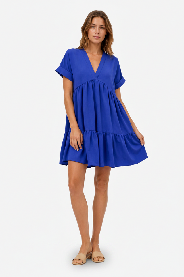 NOMU | Women's Tiered Mini Dress – V Neck Short Sleeve Loose Fit Design
