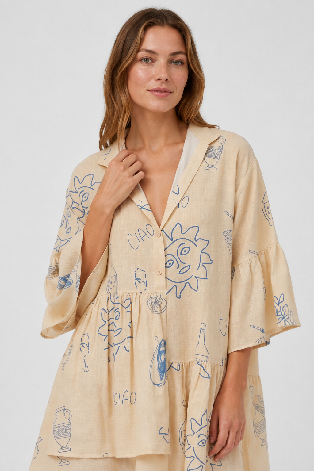 NOMU | Women's Printed Mini Dress – V Neck Button Front Tiered Loose Fit Design