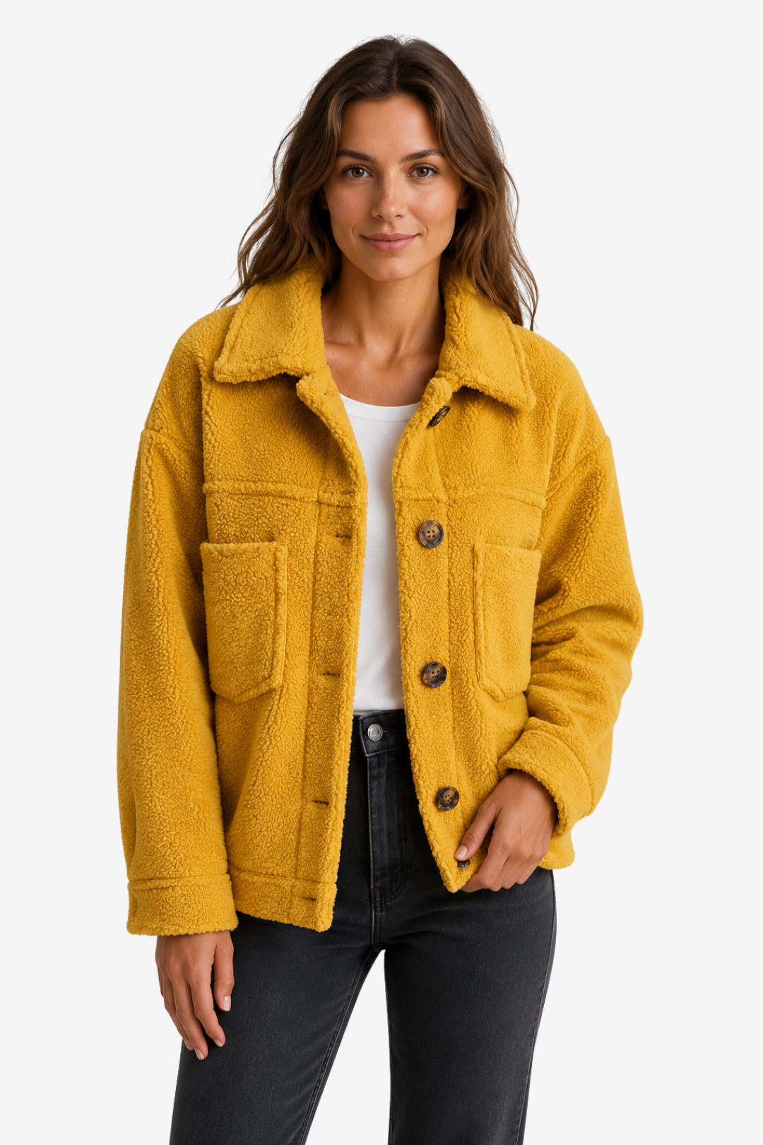 NOMU | Women's Straight Cut Mid Season Coat – Textured Fleece with Button Front and Patch Pockets