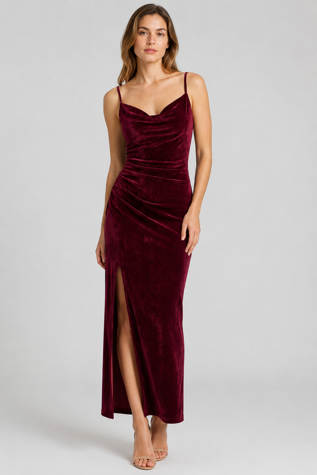 NOMU | Women's Velvet Cowl Neck Midi Dress – Elegant Sleeveless Slit Evening Gown