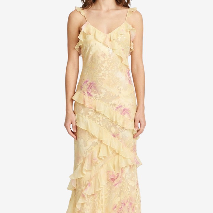 NOMU | Women's Floral Ruffle Maxi Dress – Elegant Sleeveless Layered Party Dress