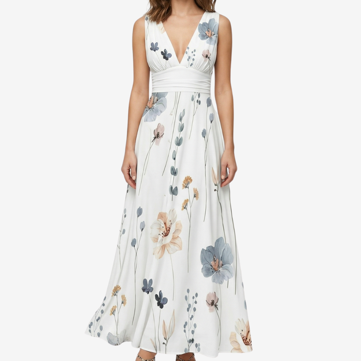 NOMU | Women's Floral V-Neck Maxi Dress – Elegant Sleeveless Flowing Summer Dress