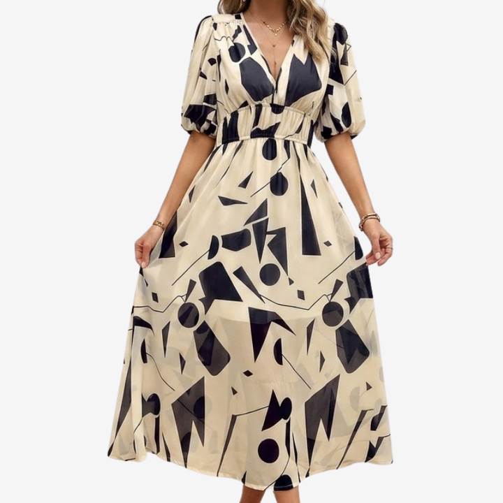 NOMU | Women's Abstract Print Midi Dress – V Neck Puff Sleeve Elastic Waist Design