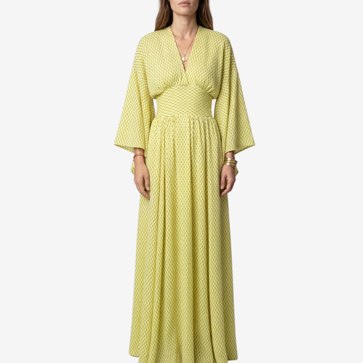 NOMU | Women's Printed Empire Waist Maxi Dress – Elegant Long Sleeve Boho Dress