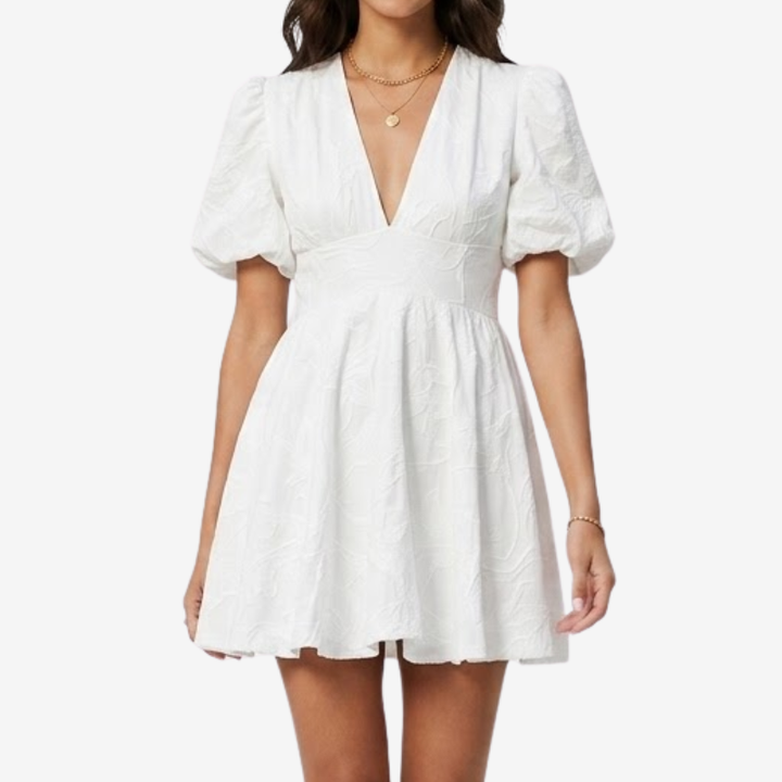 NOMU | Women's Mini Dress – V Neck Puff Sleeve A Line Design