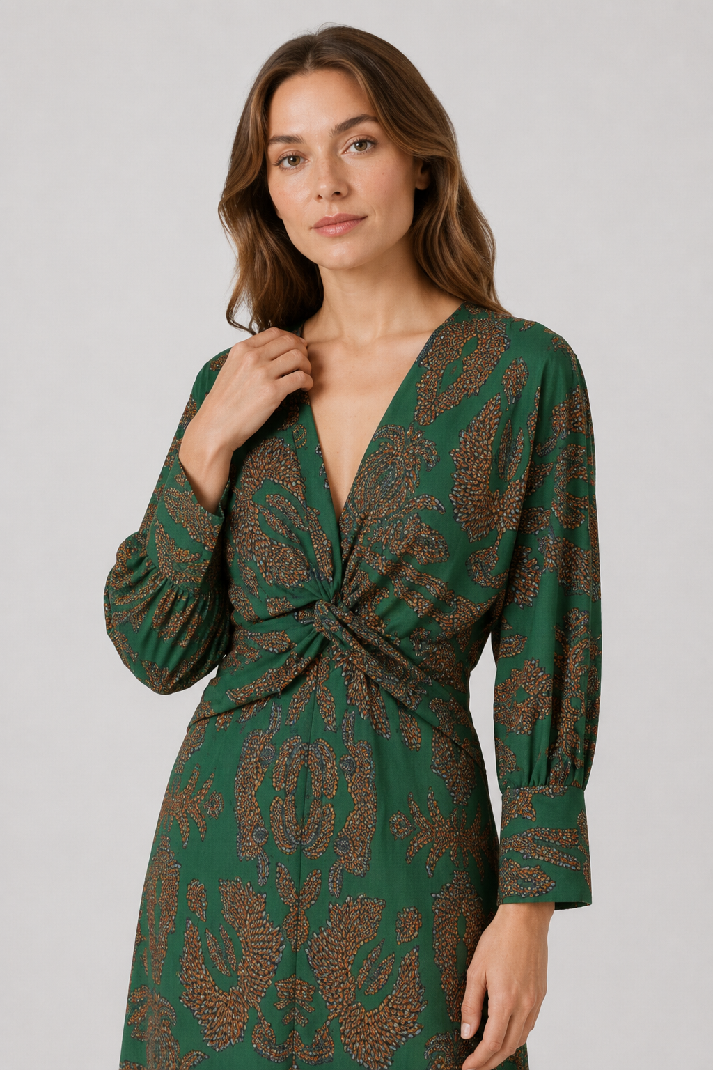 NOMU | Women's Vintage Print Twist Front Midi Dress – Elegant Long Sleeve V-Neck Dress