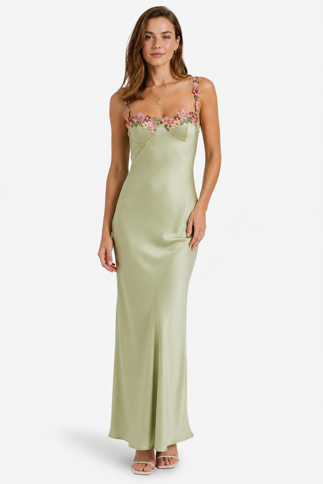 NOMU | Women's Satin Maxi Dress – Sleeveless Floral Strap Fitted Slip Design