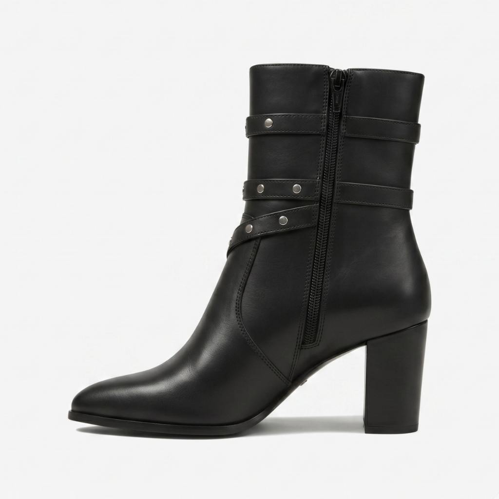 NOMU | Women's Buckled Strap Ankle Boots – Modern Studded Block Heel Boots