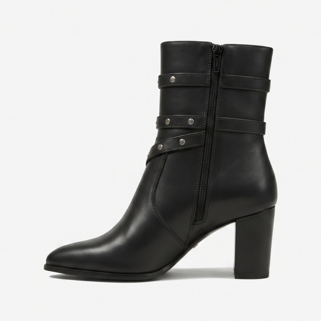 NOMU | Women's Buckled Strap Ankle Boots – Modern Studded Block Heel Boots