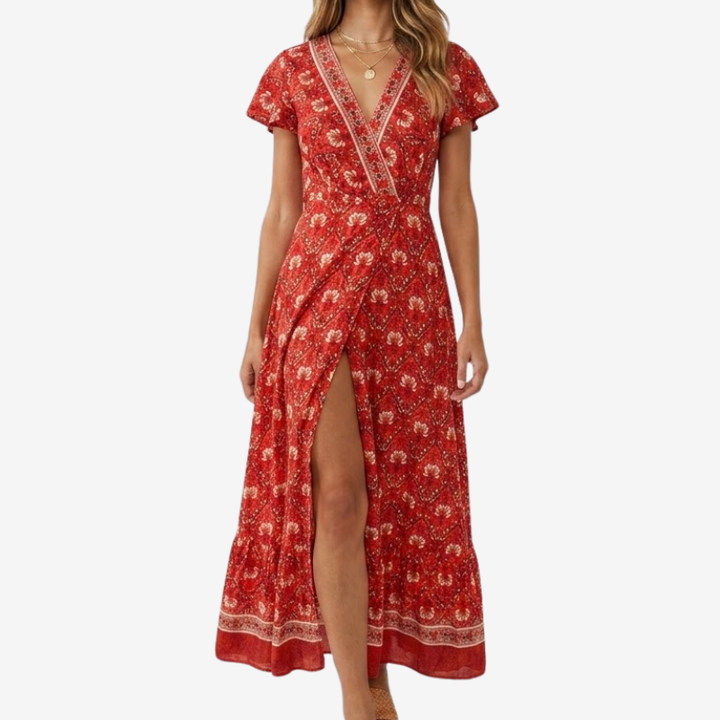 NOMU | Women's Printed Midi Dress – V Neck Short Sleeve Wrap Style Side Slit Design