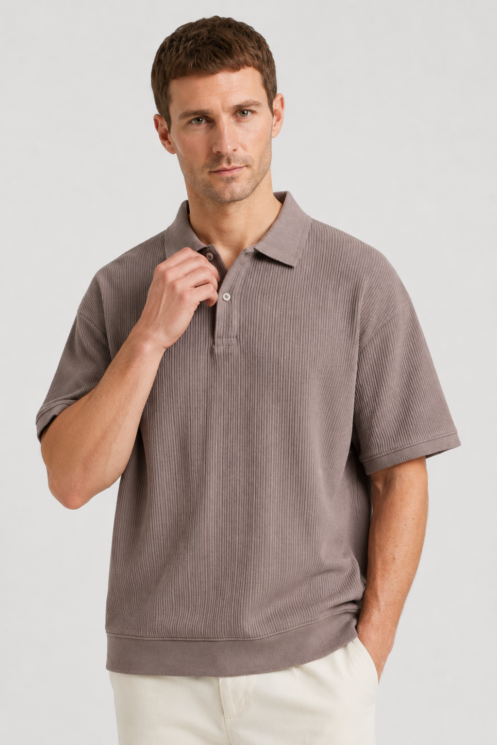 NOMU | Men's Ribbed Knit Polo Shirt – Casual Relaxed Fit Short Sleeve Top