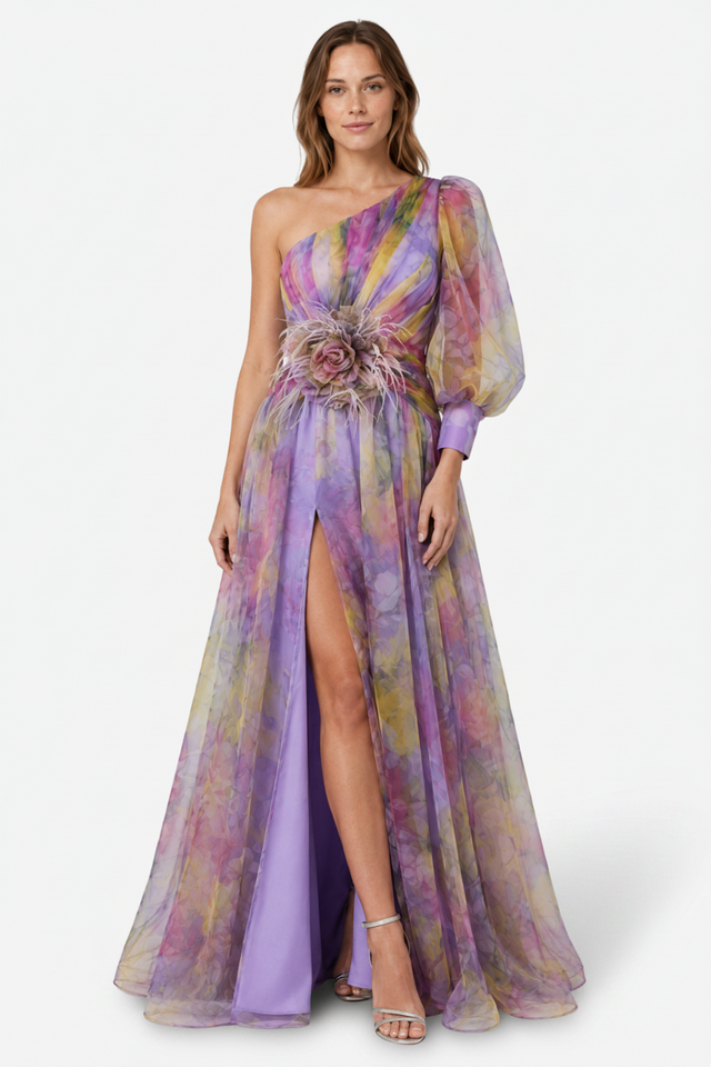 NOMU | Women's Floral One-Shoulder Evening Gown – Elegant High Slit Maxi Dress