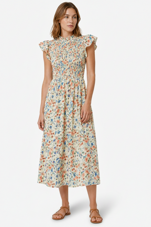 NOMU | Women's Floral Midi Dress – High Neck Flutter Sleeve Smocked Waist Design