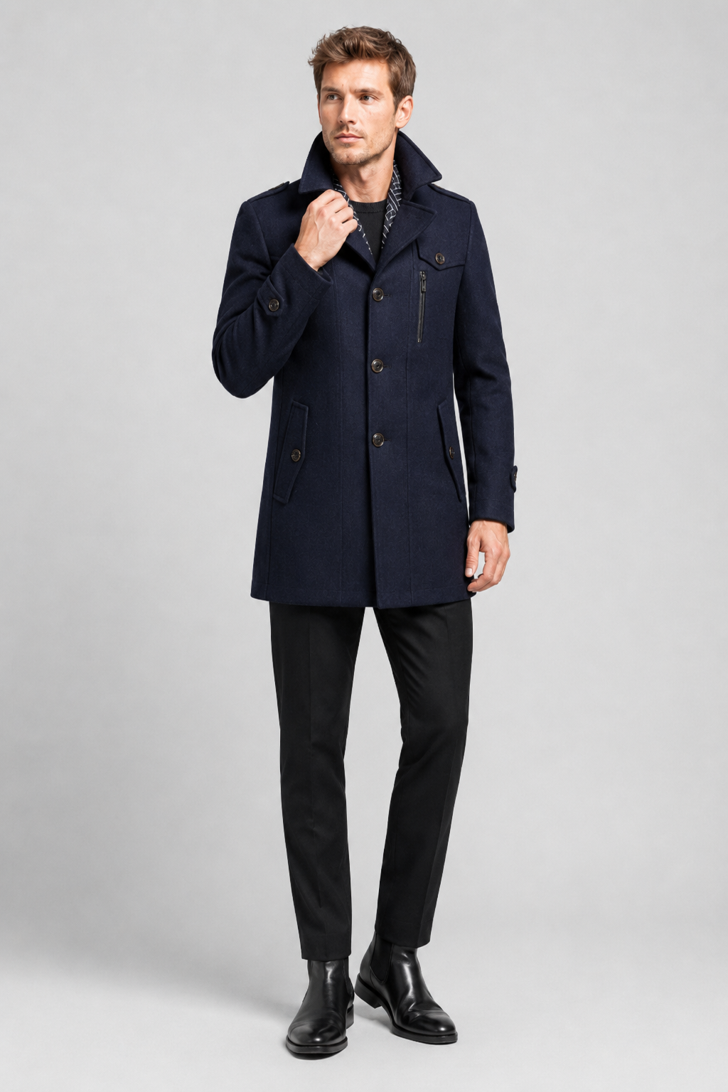 NOMU | Men's Wool Blend Military Overcoat – Tailored Button Front Coat