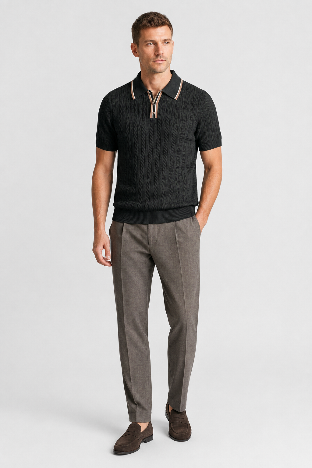 NOMU | Men’s Contrast Trim Ribbed Knit Polo Shirt