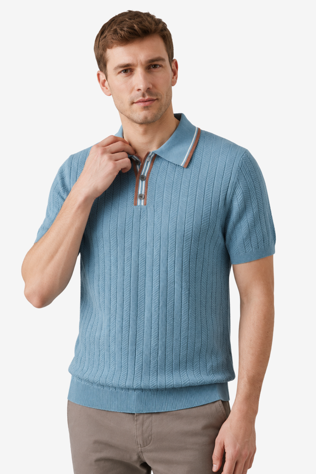 NOMU | Men's Textured Knit Polo Shirt – Smart Casual Short Sleeve Sweater Polo