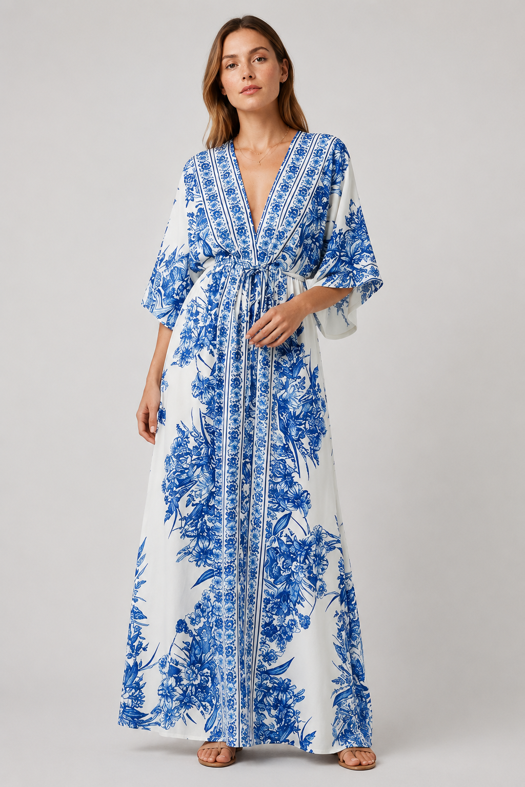 NOMU | Women's Printed Maxi Dress – V Neck Kimono Sleeve Tie Waist Relaxed Design