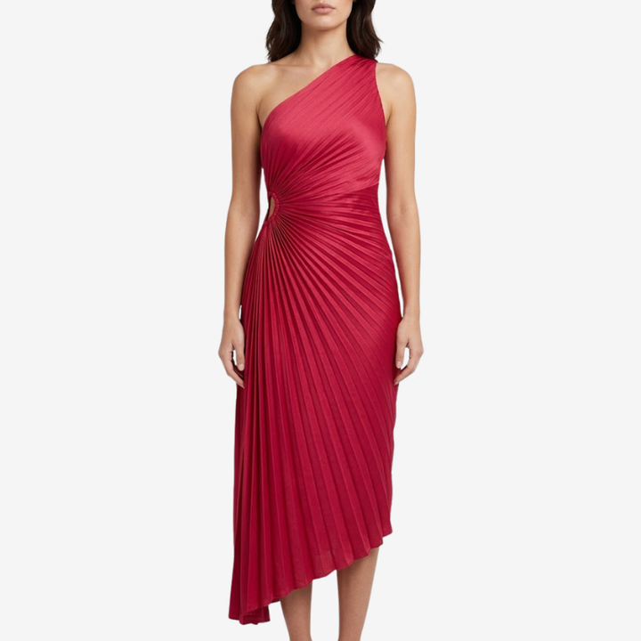 NOMU | Women's One-Shoulder Pleated Midi Dress – Elegant Asymmetrical Evening Dress