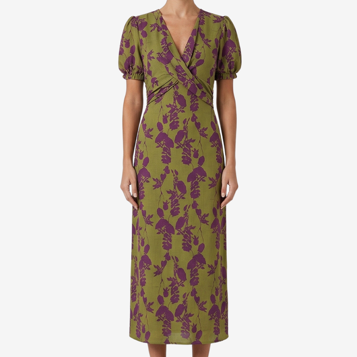 NOMU | Women's Floral Puff Sleeve Midi Dress – Elegant Wrap Waist Evening Dress