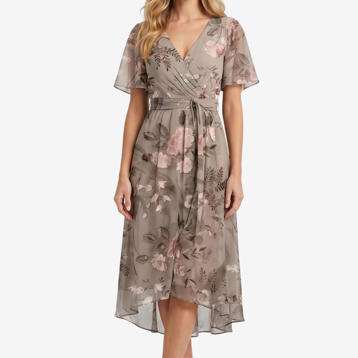 NOMU | Women's Floral Midi Dress – V Neck Flutter Sleeve Tie Waist Wrap Design