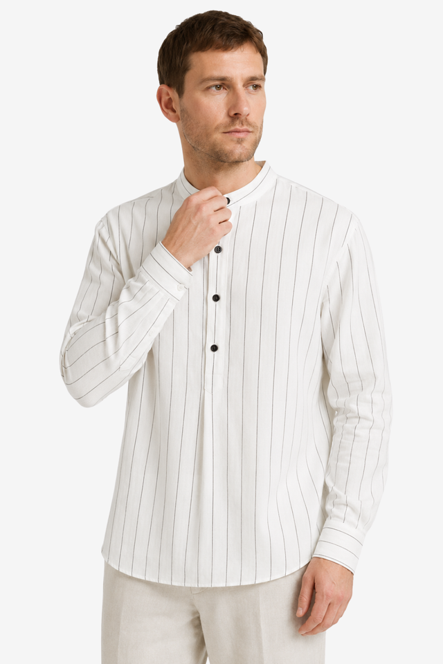 NOMU | Men's Striped Mandarin Collar Shirt – Long Sleeve Smart Casual Design