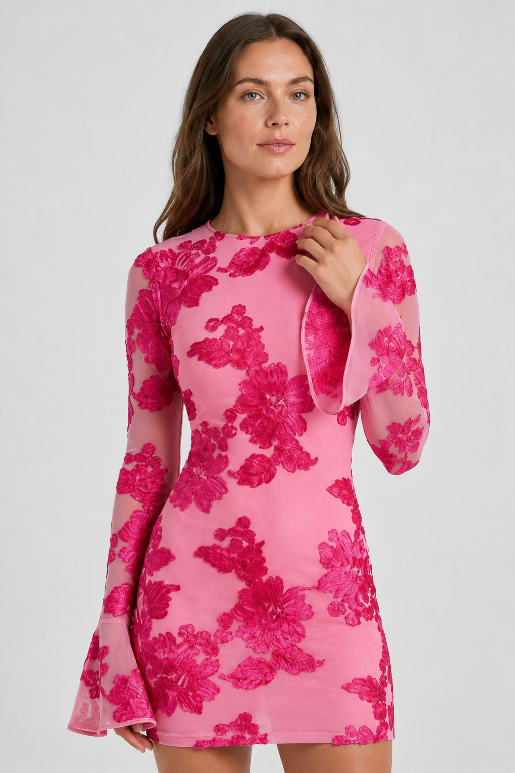 NOMU | Women's Floral Mesh Mini Dress – Elegant Long Sleeve Bodycon Party Dress