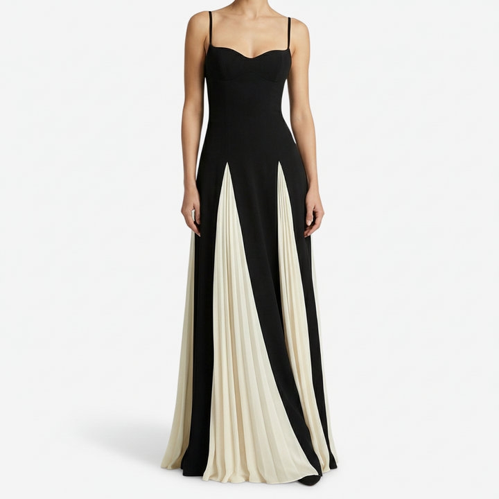 NOMU | Women's Pleated Panel Maxi Dress – Elegant Spaghetti Strap Evening Gown