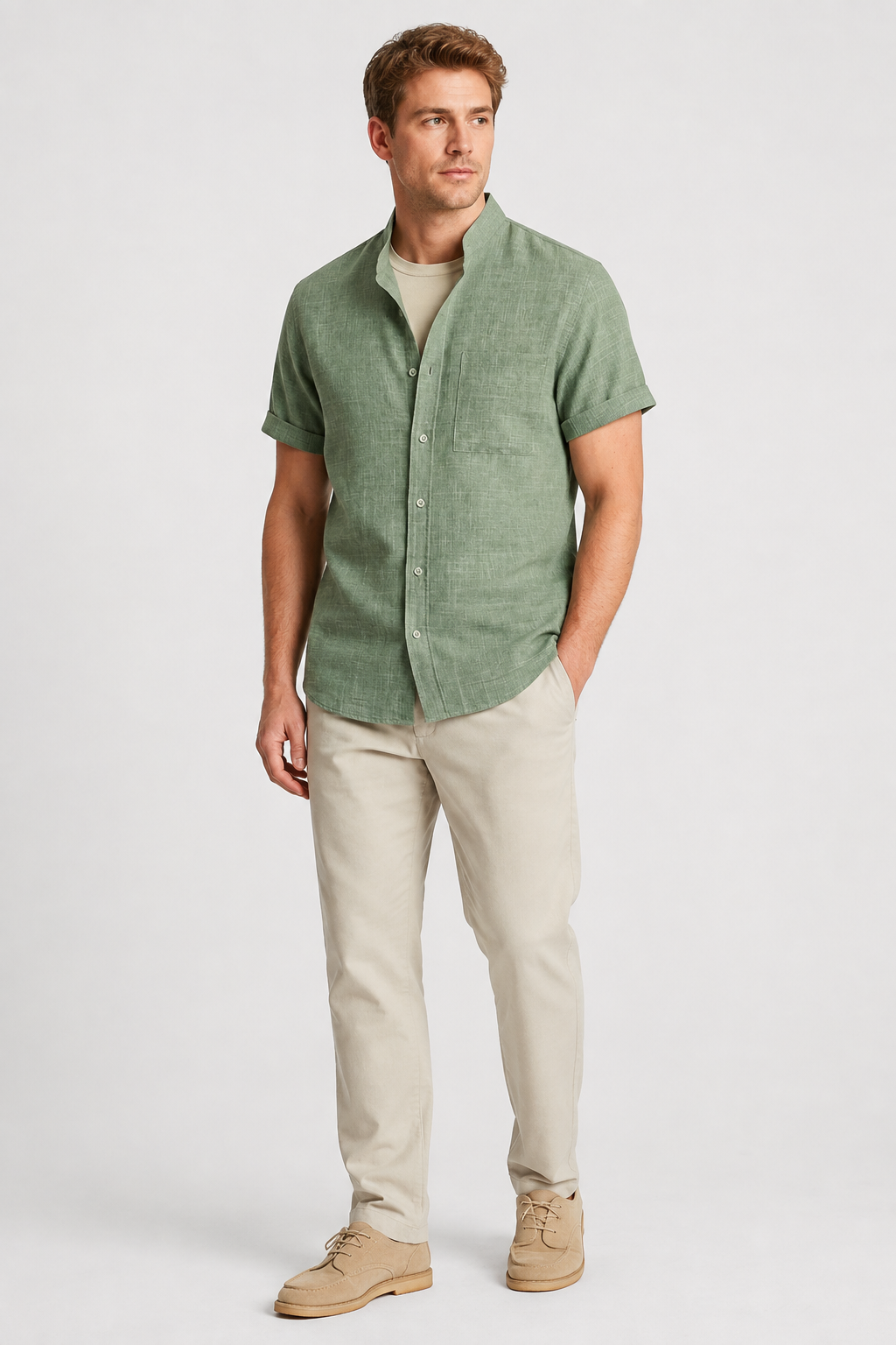 NOMU | Men’s Short Sleeve Mandarin Collar Button Shirt