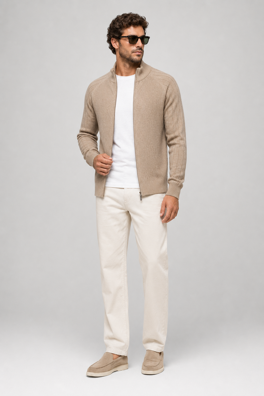 NOMU | Men's Zip-Up Knit Sweater Jacket – Textured Stand Collar Cardigan