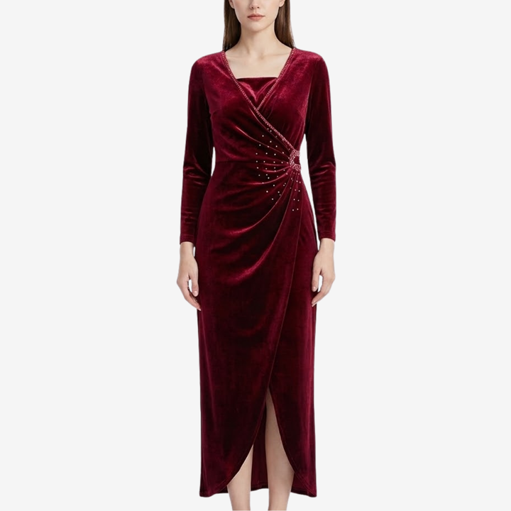 NOMU | Women's Velvet Wrap Midi Dress – Elegant Long Sleeve Rhinestone Evening Dress