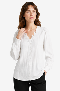NOMU | Women's Lace Trim Pleated Blouse – Elegant V-Neck Long Sleeve Top