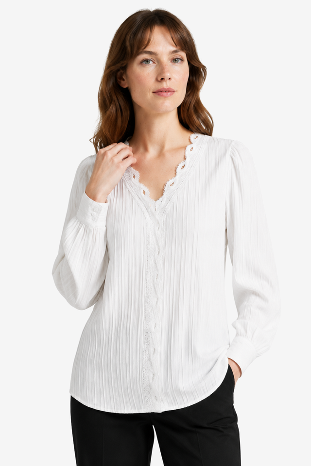 NOMU | Women's Lace Trim Pleated Blouse – Elegant V-Neck Long Sleeve Top