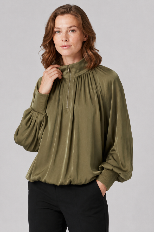 NOMU | Women's Gathered High Neck Blouse – Elegant Balloon Sleeve Top