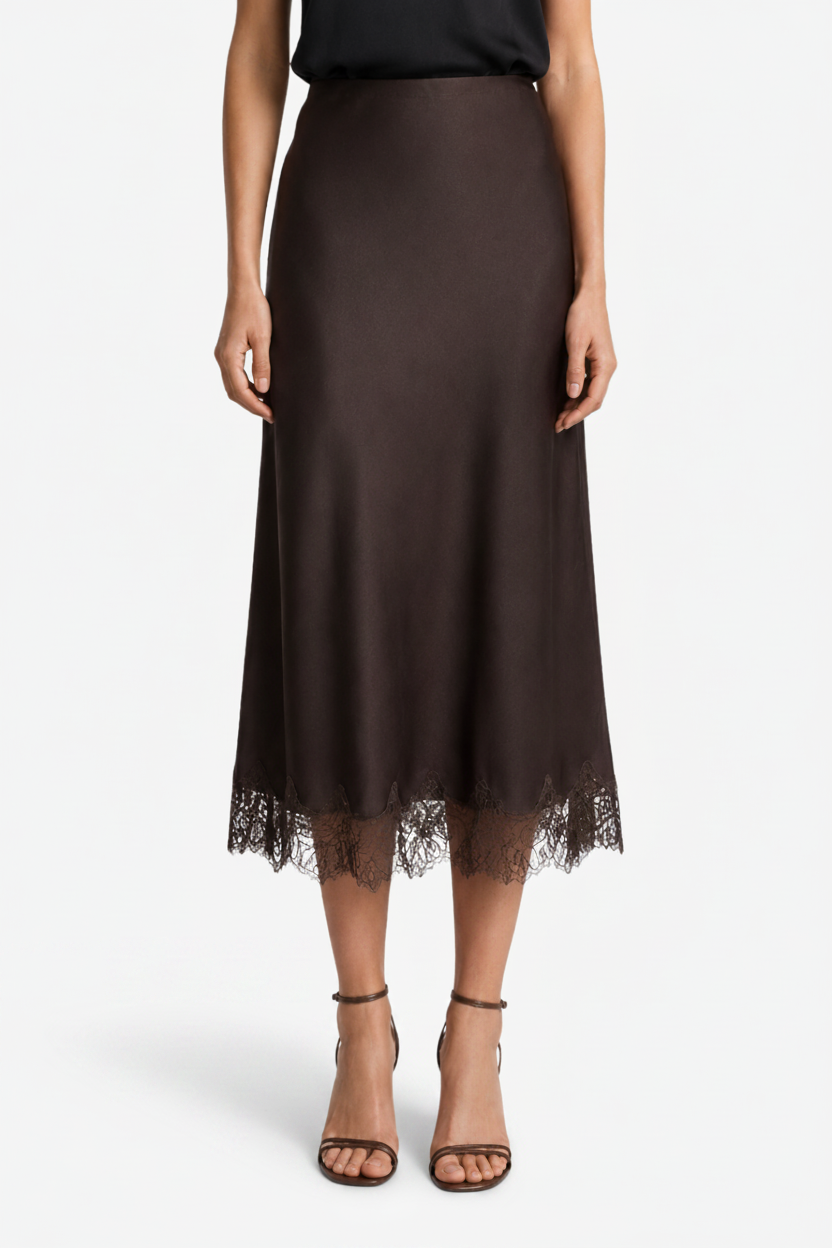NOMU | Women's Satin Midi Skirt – Elegant Lace Trim Slip Skirt